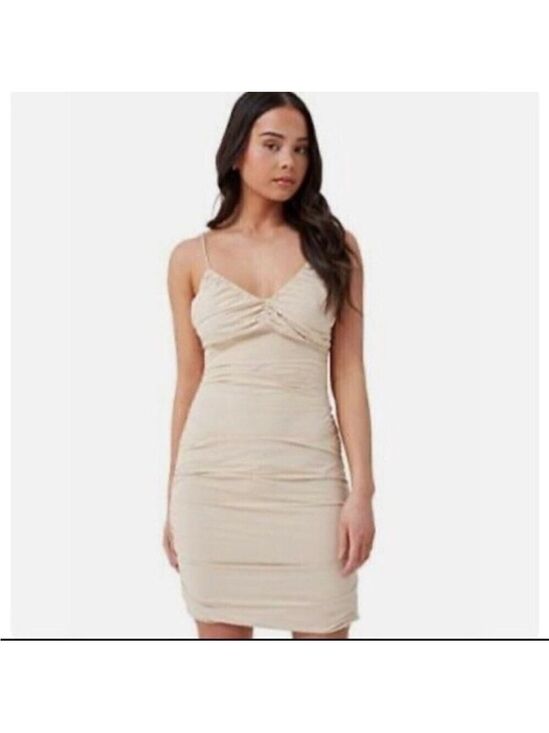 4TH & RECKLESS Rogue Cream Ruched Bodycon Mini Dress M Criss Cross Back NWT - Picture 3 of 12